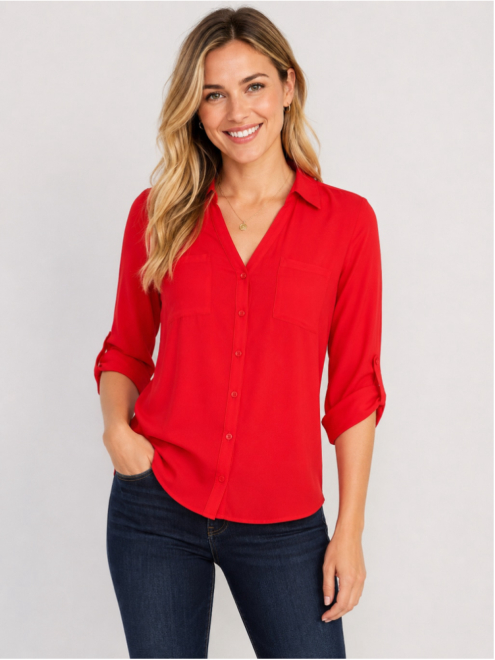 BCX Women’s Red Roll-Tab Sleeve Button-Front Shirt – Size L
